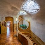 Un vestíbulo de diseño único con elementos de madera, paredes curvas, vidrieras, una maceta y una escalera de madera.